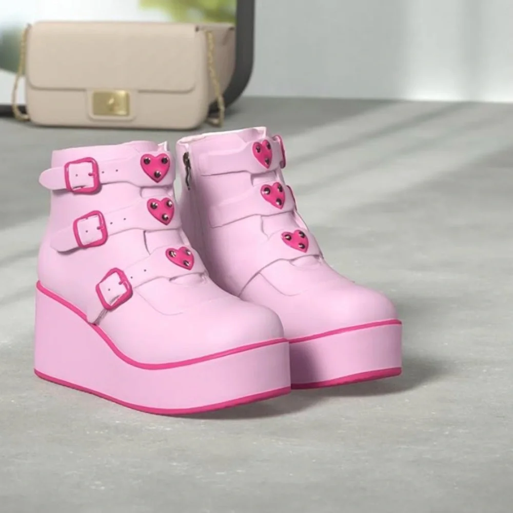 Pink Platform Wedge Ankle Boots with Heart Buckles
